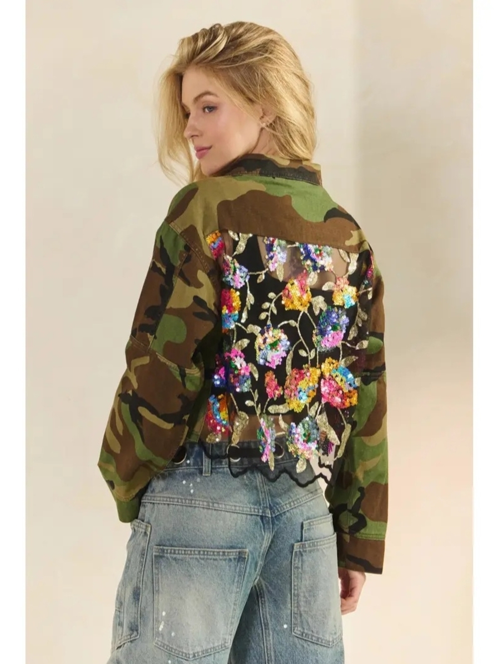 Camo Embellished Cropped Jacket - Green By Veveret - Picture 2 of 8